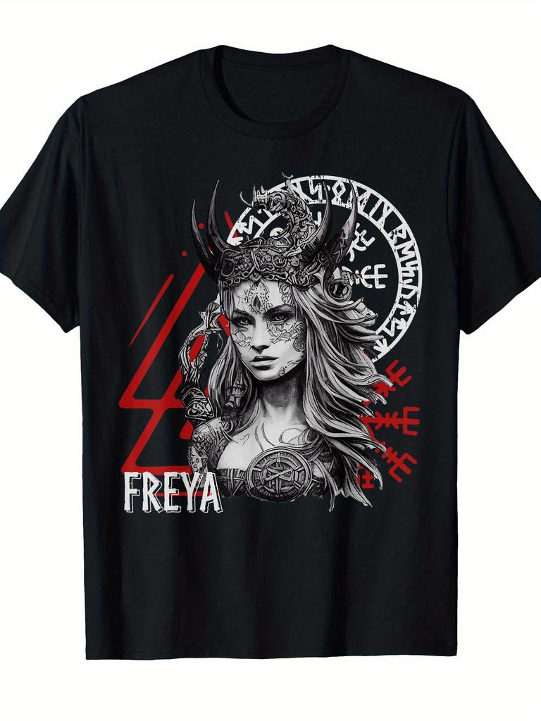 Unisexs Viking Goddess Freya Nordic Mythical Tshirt Viking Warrior Design Featuring Freyas Face And Rune Symbol Print Tshirt