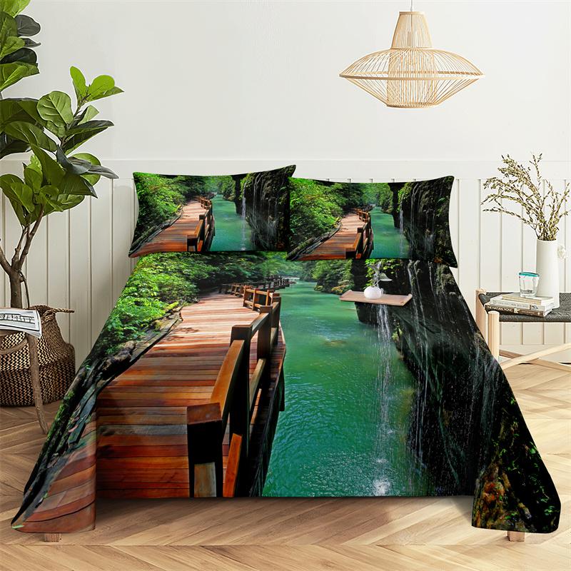 Bedding Sets Green Forest Print Bed Sheet Fashion Design Double Flat Sheet Boys Girls Bed Sheet Set Bed Sheets and Pillowcases