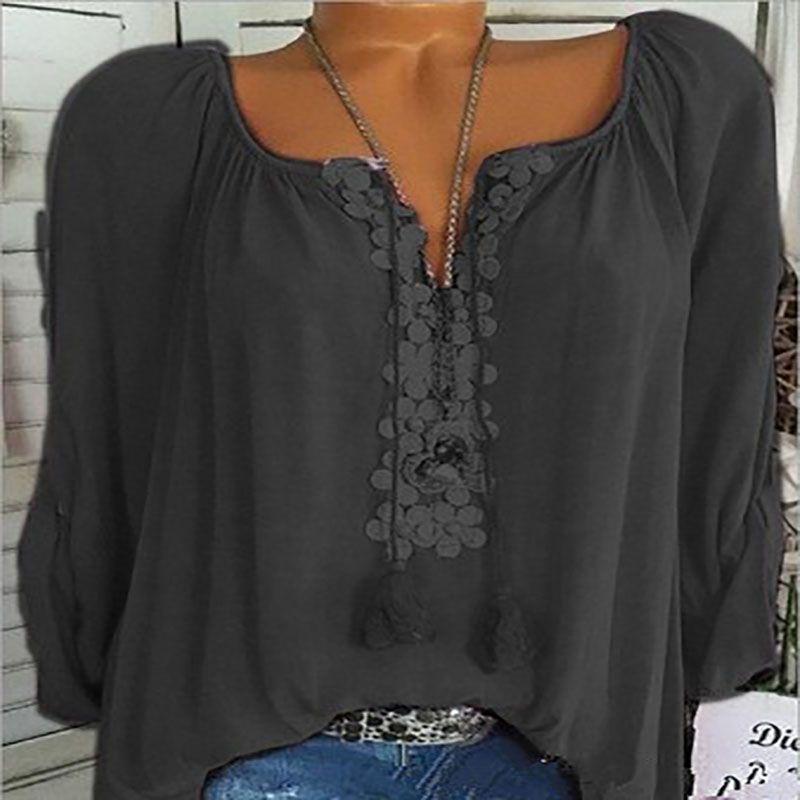 Elegant Plus Size Women Boho Long Sleeve Blouse Baggy Tops With V Neck Design