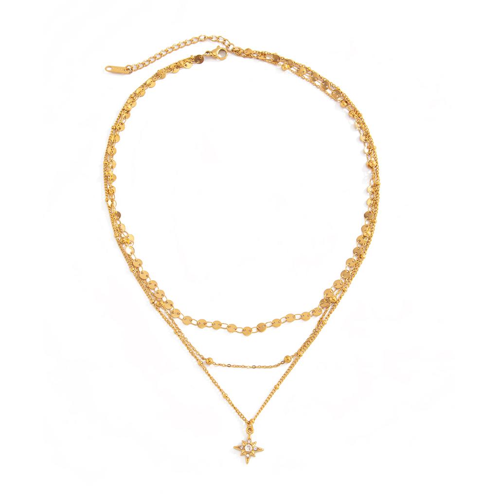 Salircon Exquisite Glass Rhinestone Star Layered Chain Pendant Necklace Women 18K Gold Plated Stainless Steel Waterproof Jewelry