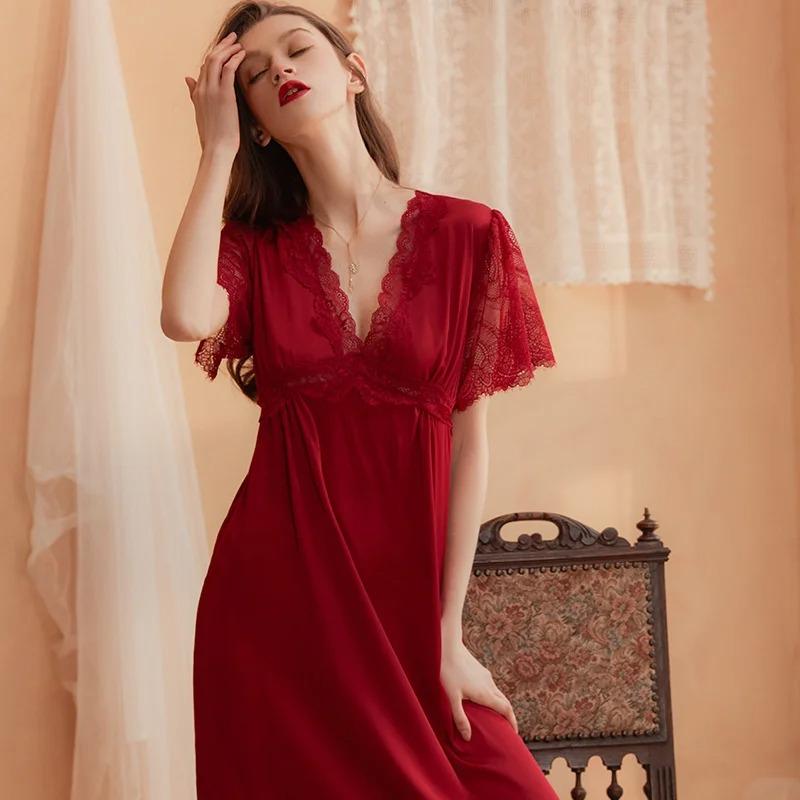 Women Ice Silk Thin Lace Nightdress V-Neck Sexy Summer With Bra Nightwear Home Clothes