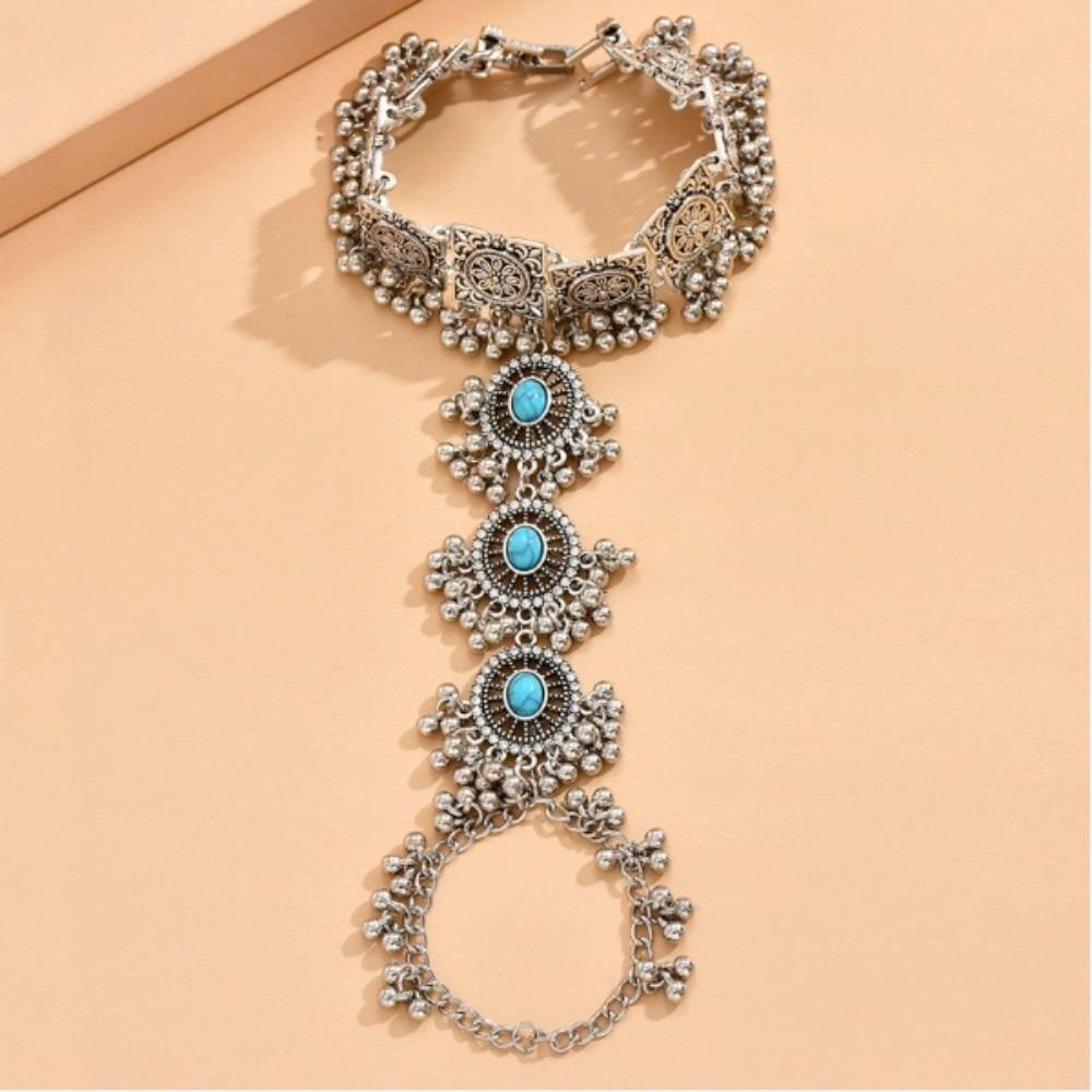 Braccialetto Anello da Dito Boemo Stile Indiano Minimalista Esagerato Argento Anello Catena Mano Vintage Vuoto con Ciondolo Nappa