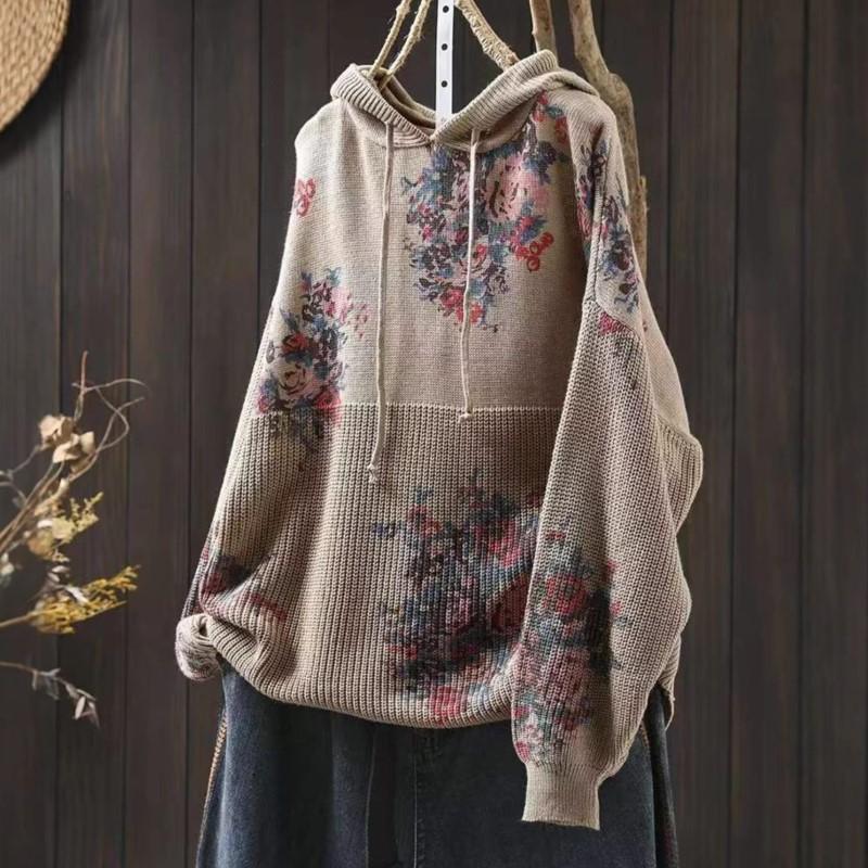 Женские винтажные хлопковые вязаные свитера с капюшоном с принтом цветочные весенние с длинным рукавом свободные мягкие свитера One size 3814₽