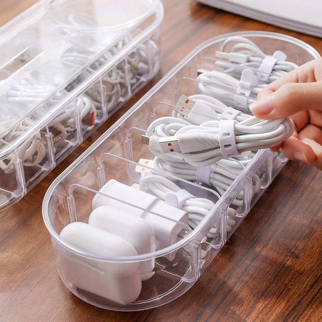Cable Storage Organizer PP Clear with Multiple Compartments Lid Cord Organizer Box for Desktop