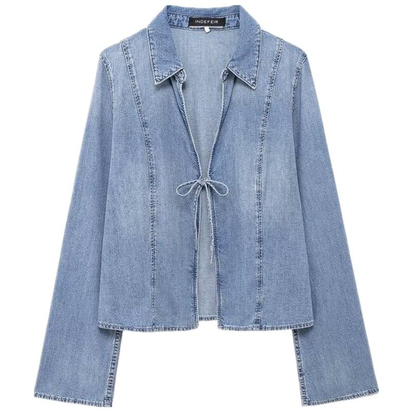 

Fashion Style 2024 Summer New Arrival Women s Stylish Loose Easiest for Match Bowknot Decoration Denim Shirt 5252041 Blue L