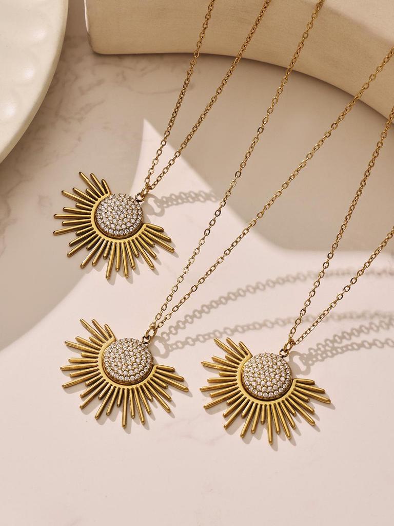 5A Zircon Sun Pendant Necklace, 18k Gold-Plated Stainless Steel