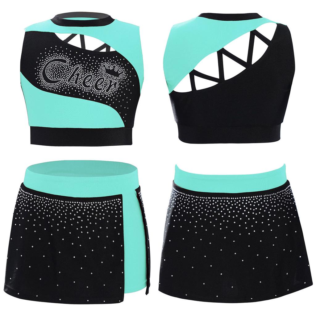 Kids Girls Cheerleading Dance Outfit Set Sleeveless Rhinestone Crop Top & High Slit Skirt for Cheer Competition, Stage Performance, Party Costume