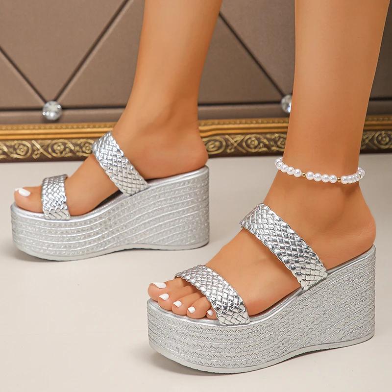 Silver Chunky Platform Sandals for Women 2025 Summer Fashion Braided Strap Wedge Heel Sandals Woman Thick Bottom Beach Slippers