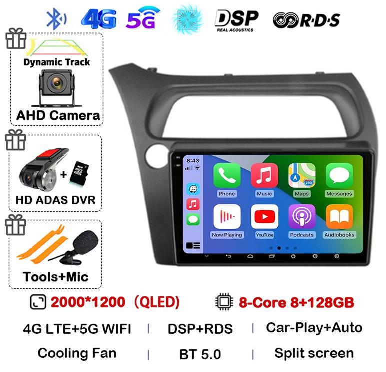 Android 14 WIFI+4G Carplay Car Radio For Honda Civic Hatchback 2006 2007 2008 2009 2010 2011 Multimidia Video Player GPS Stereo