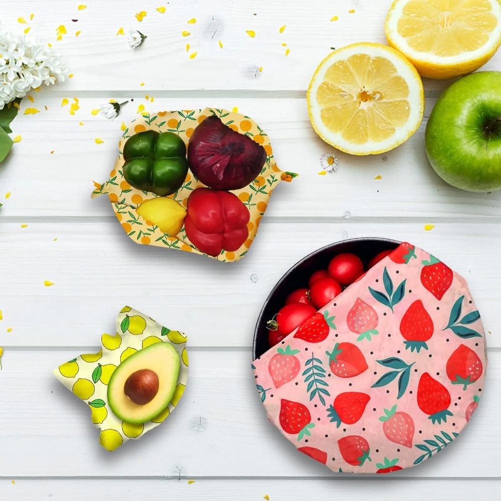 Set da 3 Pezzi Involucri Alimentari in Cera d'Api Riutilizzabili Cotone Biologico Eco-friendly Panno Cerato Sostituto della Pellicola di Plastica Domestica Lavabile Modello Limone