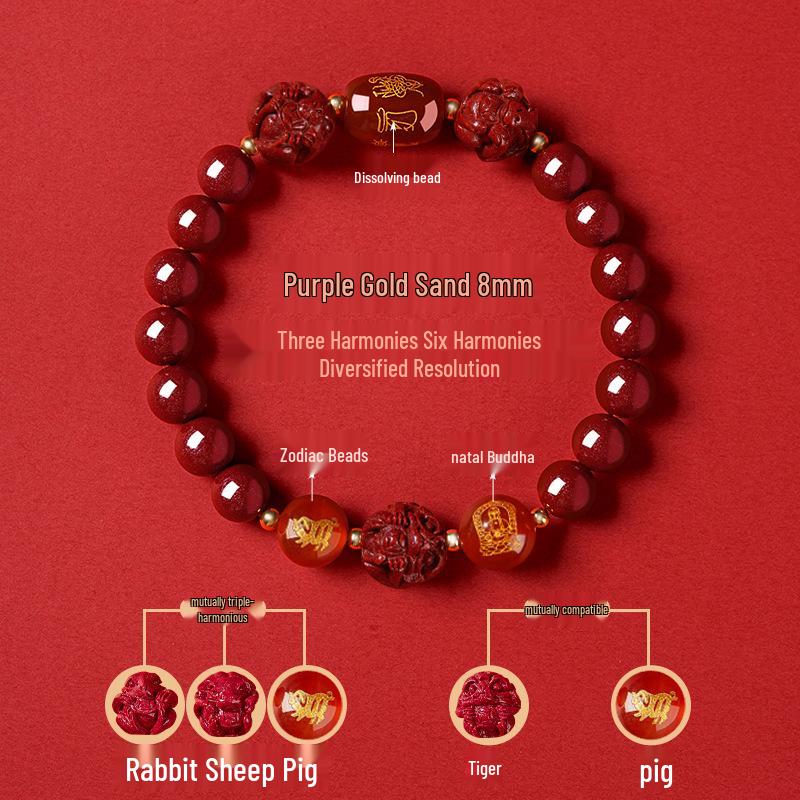 Genuine Cinnabar Hexagonal Bracelet for Men & Women - Three Horse Year Design