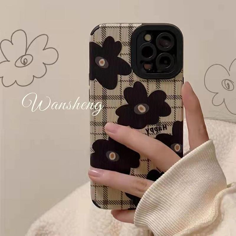 INS Black Camellia Silicone Leather Phone Case For iPhone 11 12 13 14 15 Pro Max Mini SE X XS Max XR 8 7 Plus Shockproof Cover