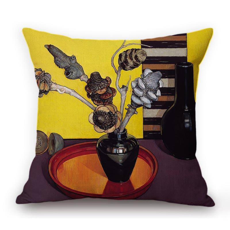 Modern Bright Color Still Life Flower Vase Oil Painting Cotton Linen Sofa Throw Pillow Case Home Decoration Cushion Cover