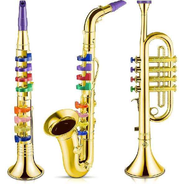 Lewtemi Set of 3 Saxophone for Kids Christmas Musical Instruments Toy Saxophone Toy Trumpet and Clarinet with 8 Colored Coded Keys Teaching Songs