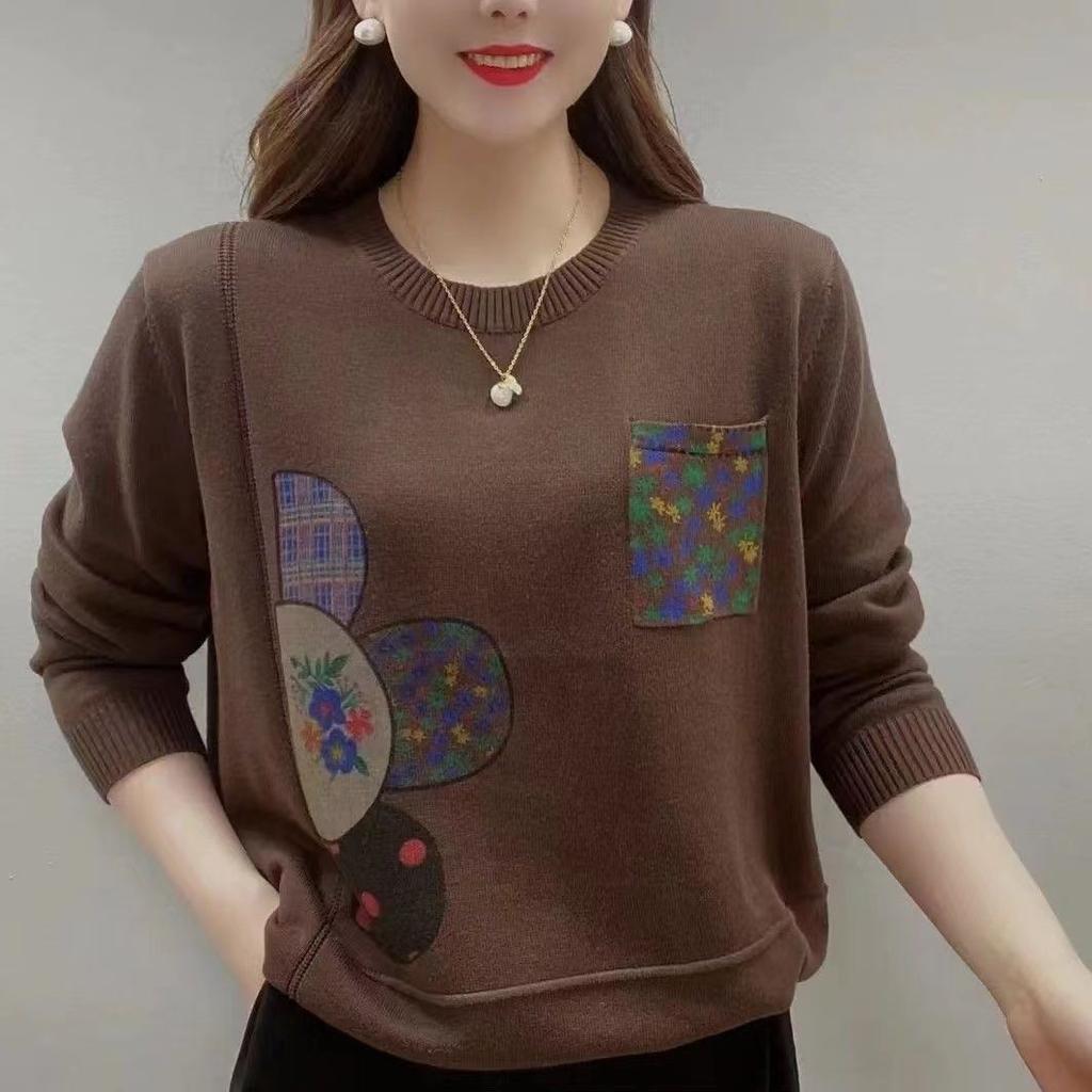 Retro Mother Loose Spring and Autumn Sweater Pocket Long-sleeved Round Neck Bottoming Knitted Sweater Top