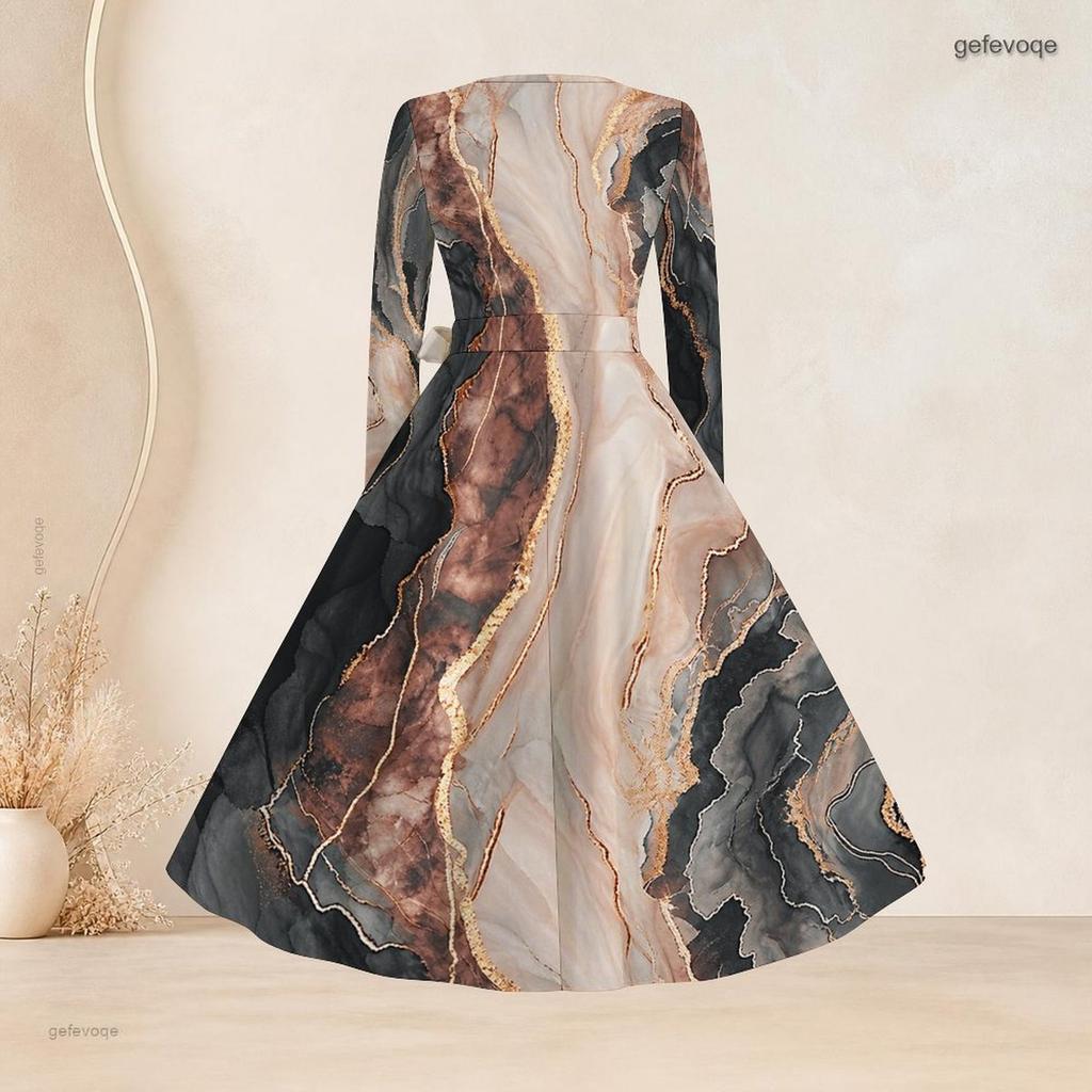 Women Plus Size Scalloped Square Neck Long Sleeve Printed Tie Waist A Line Dress