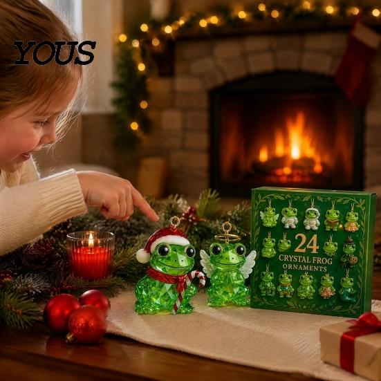 Faux Crystal Frog Ornaments 2026 Christmas Advent Calendar, 24 Day Countdown Box with Mini Animal Statues Ornaments, Festive Tree Hanging Decor,