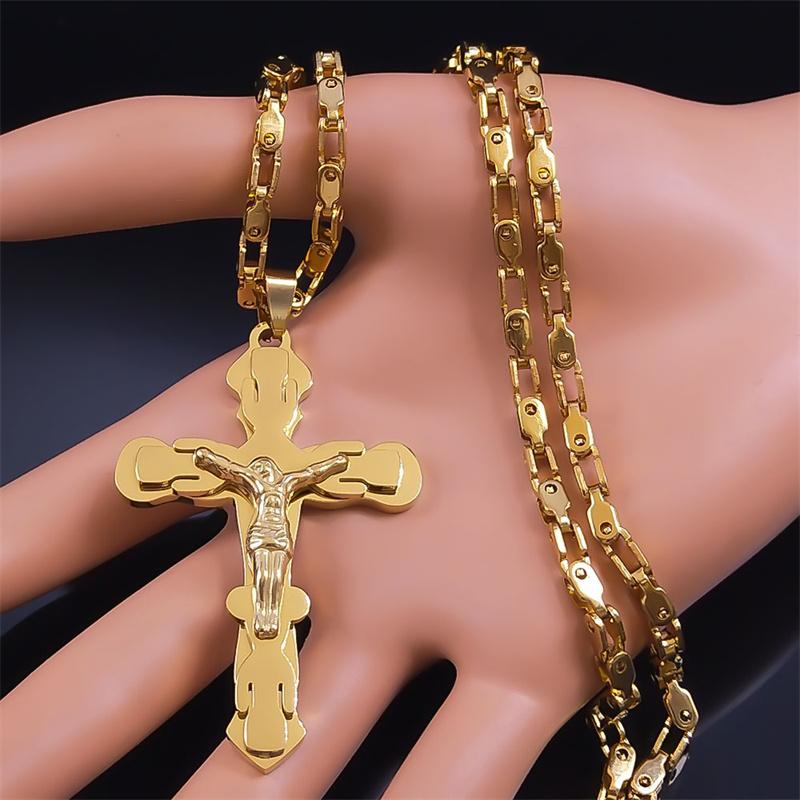 Christus Jesus Kruzifix Kreuz Großer Anhänger Halskette für Männer Edelstahl Goldfarbe Herren Ketten Halsketten Amulett Schmuck gargantilla