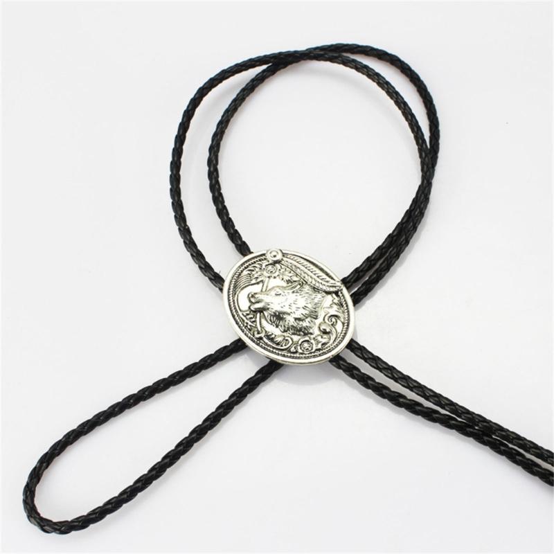 Cravată Bolo Vintage Cowboy Occidental Sfoară din Piele Împletită Handmade Colier Cravată Bolo Cap de Lup Metalic cu Pandantiv cu Pene