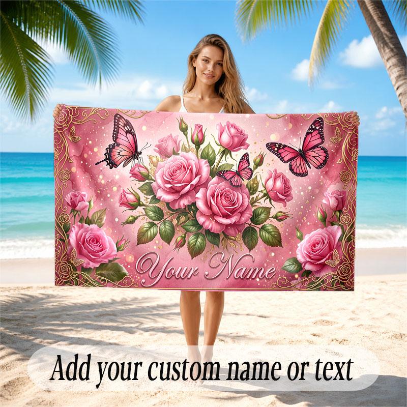 Butterfly Theme Soft Beach Towel Personalized Custom Name Text Towel Portable for Beach Pool Travel