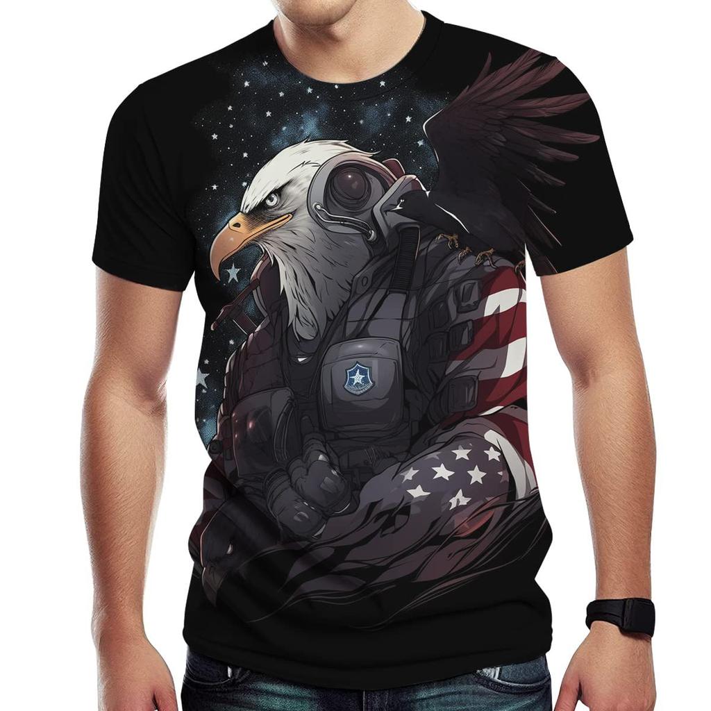 Summer Round Neck 3D American Eagle Pattern Print Top Fashionable Casual Short Sleeved Men's T-shirts