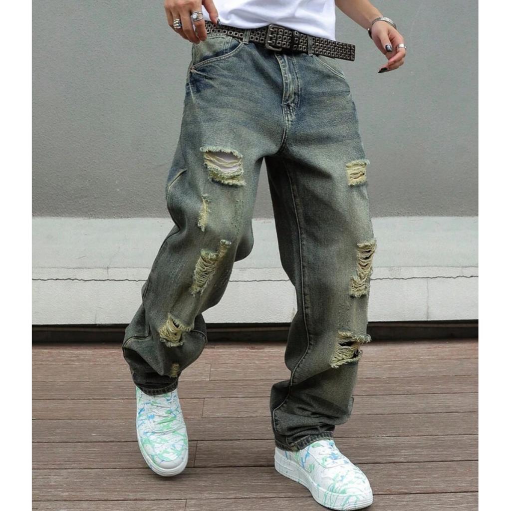 American Summer Thin Ripped Washed Retro Wide-leg Casual Straight-leg Pants Loose and Thin Jeans