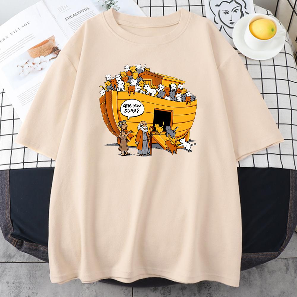 Cartoons Style Noah's Ark Cat Print Womens Tshirts Simple Oversize T-Shirts Fashion Loose Tops Soft Breathable T-Shirt for Women
