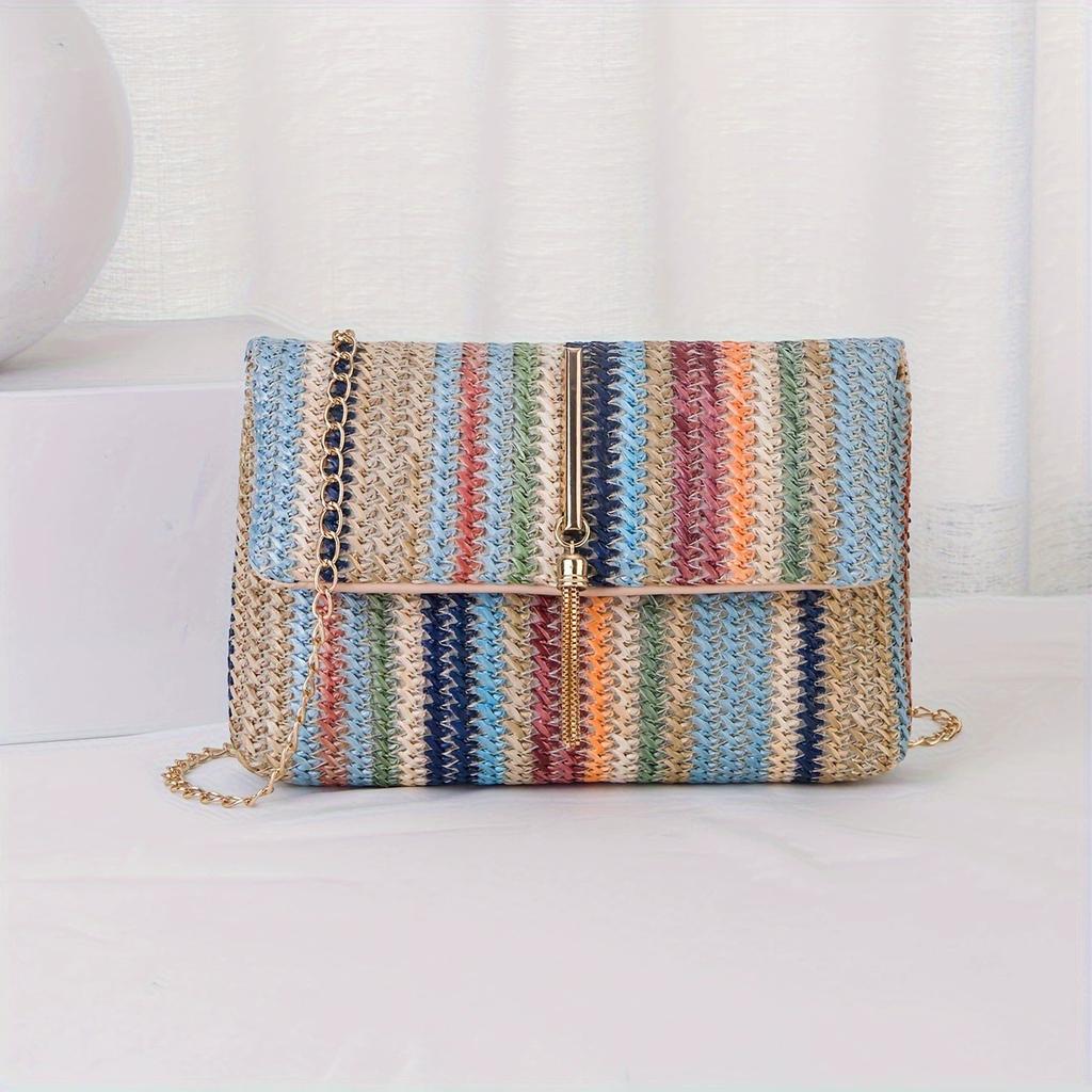 Women's Fashion Tassel Straw Crossbody Bag, Casual Striped Square Shoulder Bag, Classic Flap Purse for Daily Use