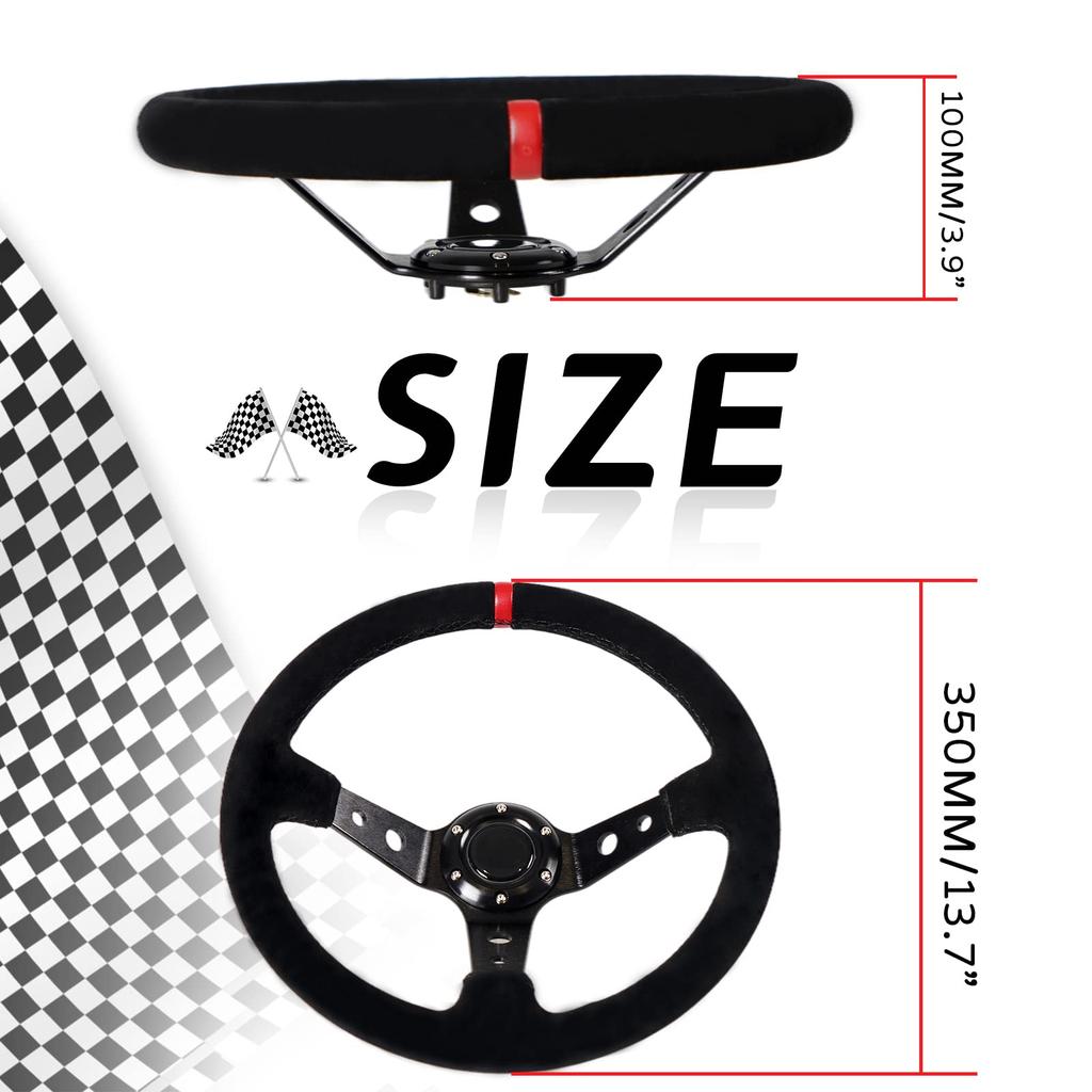VEHSUN 35mm Głęboka Kierownica Kubełkowa z Czarnymi Lekkimi Sportowymi Szprychami z Lychee i Przyciskiem Klaksonu, Aluminium, Styl, Wzór, (Czerwony, Zamszowy-Czerwony)