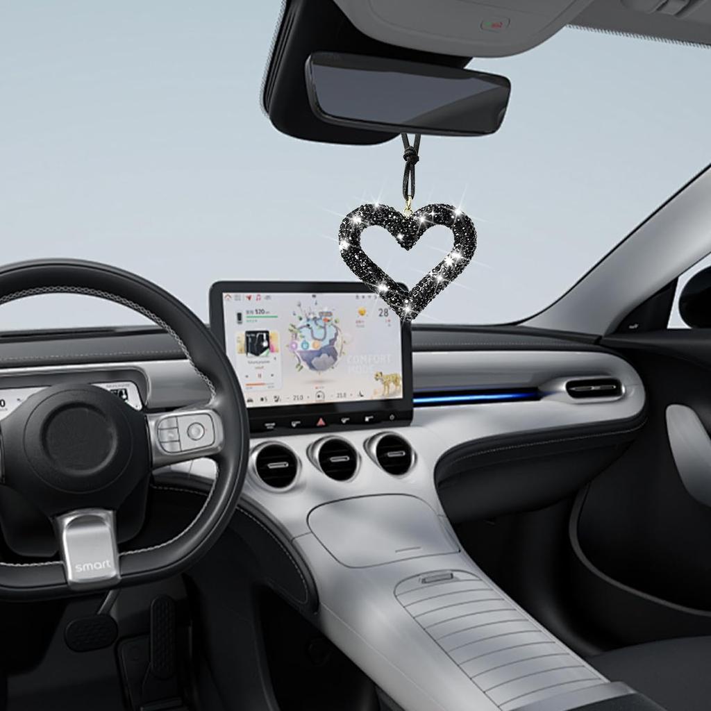 Mandark Bling Heart Car Hanging Accessories, Crystal Rhinestone Vehicle Rear View Mirror Charm Pendant Ornaments, Cute Diamond Auto Interior Hanger