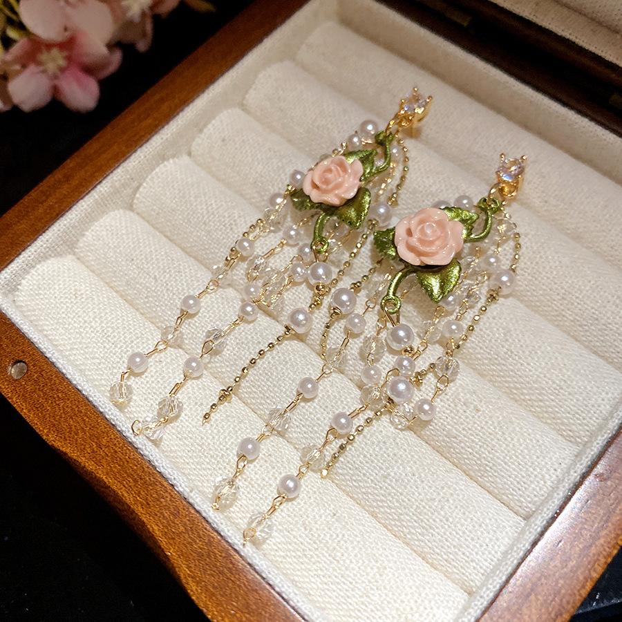 

Silver needle zircon resin pearl fringed earrings sweet small fresh simple fashion stud earrings niche high-end earrings