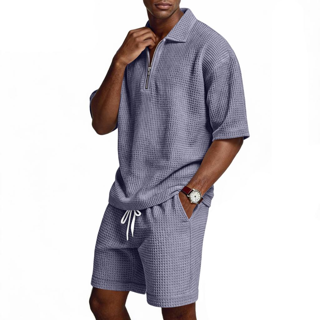 Men's Summer -color Quarter-zip Casual Loose Short-sleeved Short Pants Set