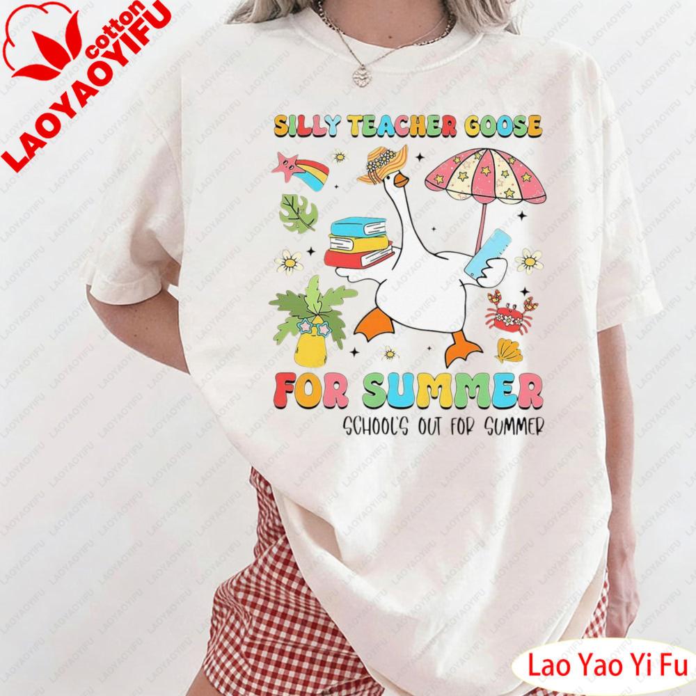 Cute Cartoon Duck Printt Shirt Colorful Graphic Print Tops Silly Teacher Goose on The Loose Summer Clothes Streetwear