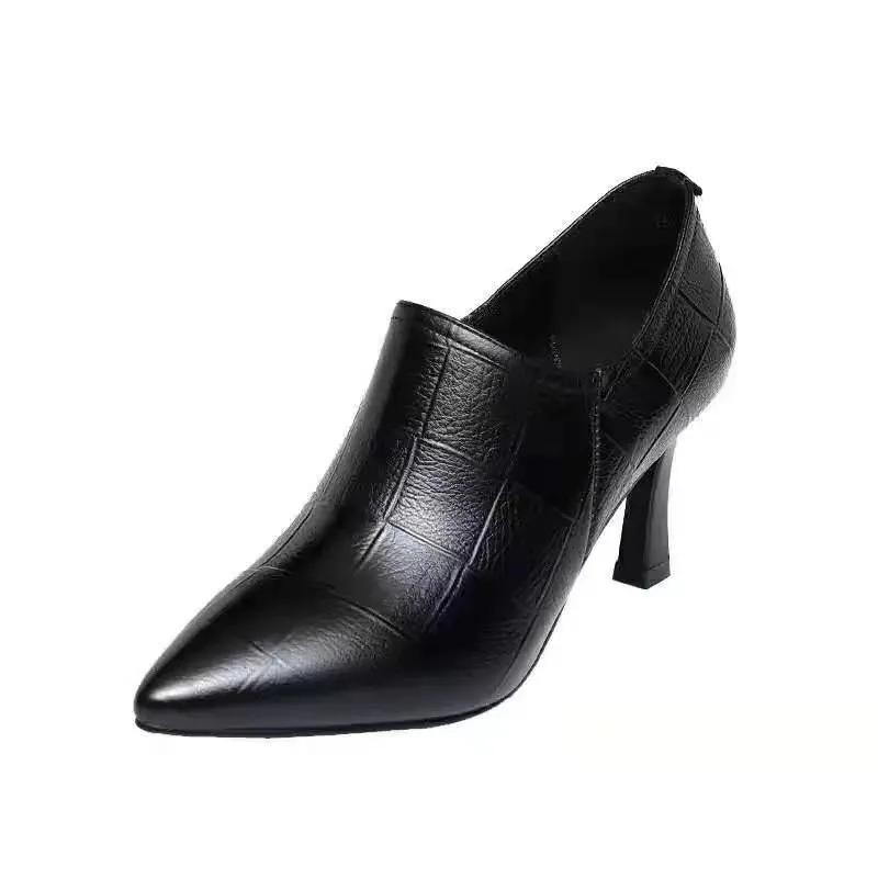 Damenmode süß schwarz schwarz weiches Leder Reißverschluss Stiletto Absatz Schuhe Dame Frühling & Sommer Komfort Knöchel Absatz Schuhe zapatos ga688