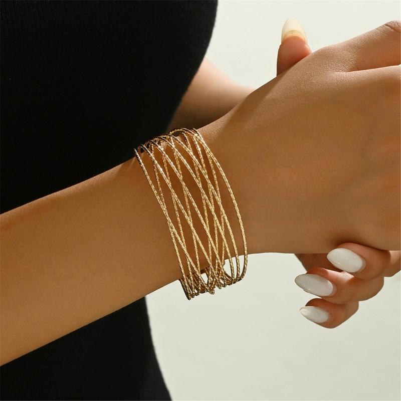 Assorted Open Cuff Bracelet Set, 8 Metal Arm and Wrist Accessories with Mixed Leaf, Wire and Chain Design Details