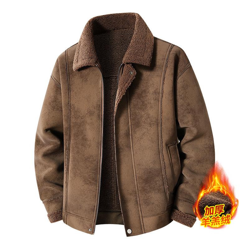 Winter Suede Men's Jacket Fleece Thickened Lapel Lamb Fleece Jacket Casual Multi-Pocket Leather Jacket