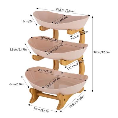 3 Tier Plastic Fruit Bowl W|Bamboo Countertop Stand,Plastic Countertop Bowl Tray for Vegetables, Snacks and Desserts (Off-White)