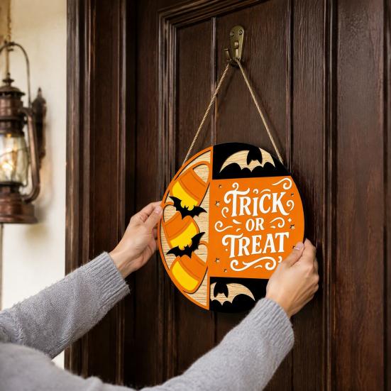Seasonal Hanging Sign Halloween Trick or Treat Wooden Door Sign, Retro Round Bat Silhouette Atmosphere Prop Plaque for Home Front Wall &