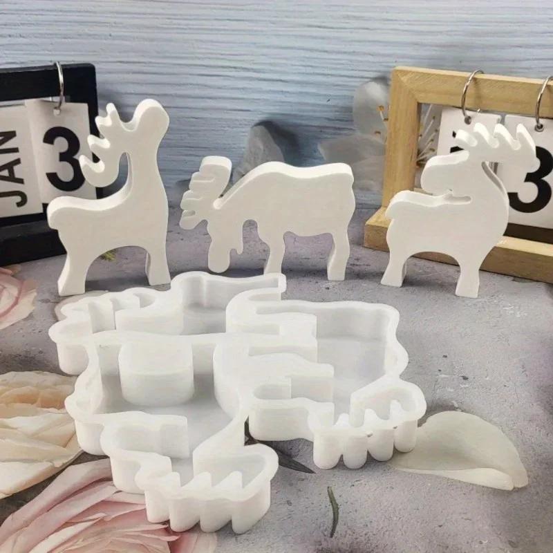 Cement Plaster Silicone Mold Cute Elks Candle Mold 3 Elk Deer DIY Handmade Christmas Deer Ornaments Decoration
