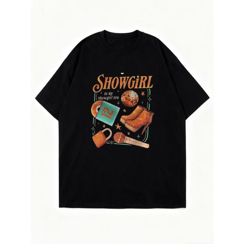 Showgirl Oversized T Shirt Black Showgirl Era With Disco Ball Boots Microphone And Lock Print For Casual Party Wear