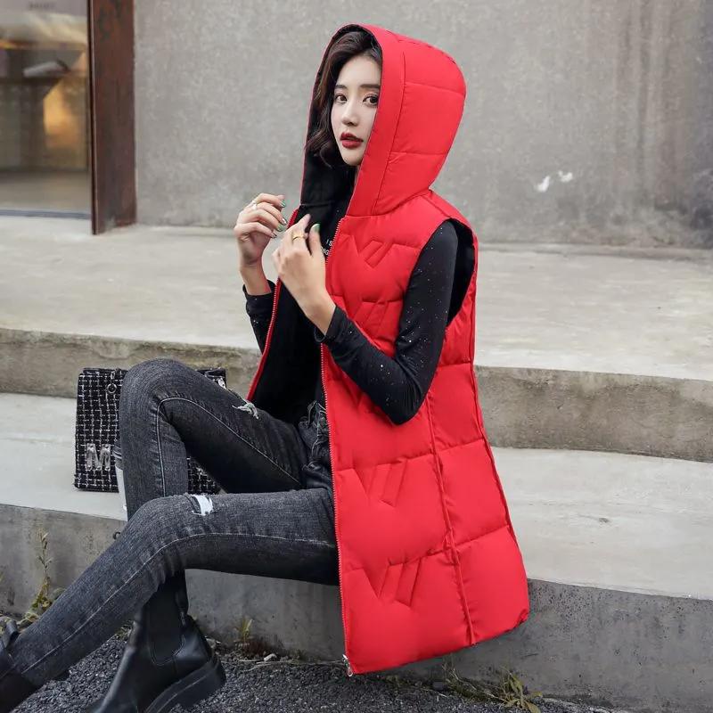 Down Cotton Vest Women's Mid-length Plus Size Thickened Autumn and Winter Fashion Slim Hooded Waistcoat Outer Wear
