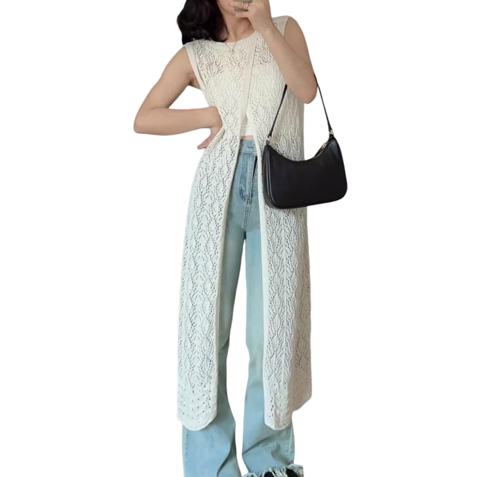 

Летний вязаный сетчатый ажурный длинный без рукавов для кондиционера УФ повседневный для курортов [7-livehouse] Женский кардиган, жилет 2 в 1, прозрачный жилет, топ, бежевый