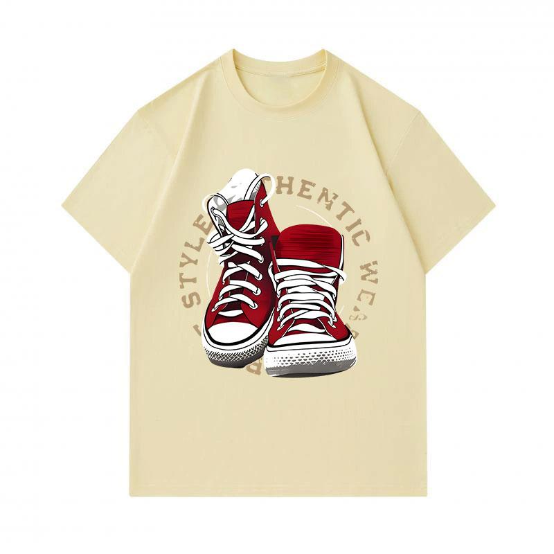 Men's 100% Cotton Crew Neck Short Sleeve T-Shirt, Retro Red Canvas Sneaker Printed Casual Comfortable Tee, Stylish Authentic Streetwear Daily Fashion