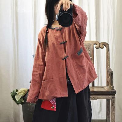 Women Vintage Button Pockets Spring O-Neck Long Sleeve Loose Chinese Style Tops