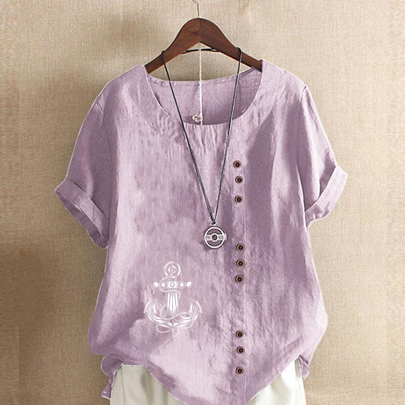 Women's Fashion Round Neck Short Sleeve T-shirt Casual Cotton Linen Graphic Shirt Leisure Loose Ship's Anchor Prined Summer Blouse Tops