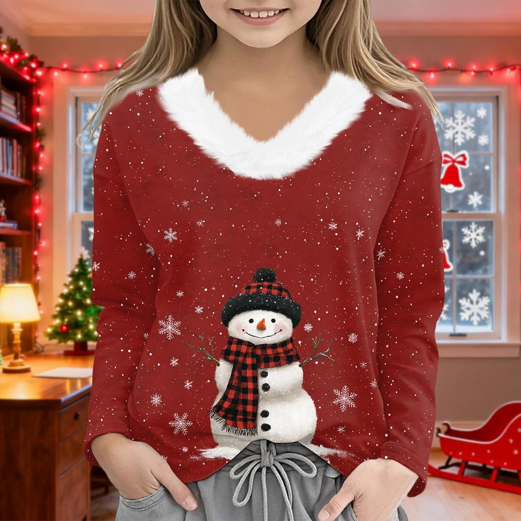 Christmas Day Girls Long Sleeve T Shirts Kids Girls' V-Neck Tee Christmas Print Long Sleeve Top