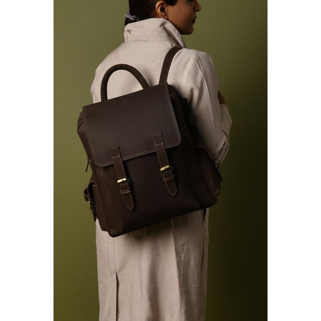 Monogrammed Leather Laptop Backpack: Handmade Brown Travel Rucksack