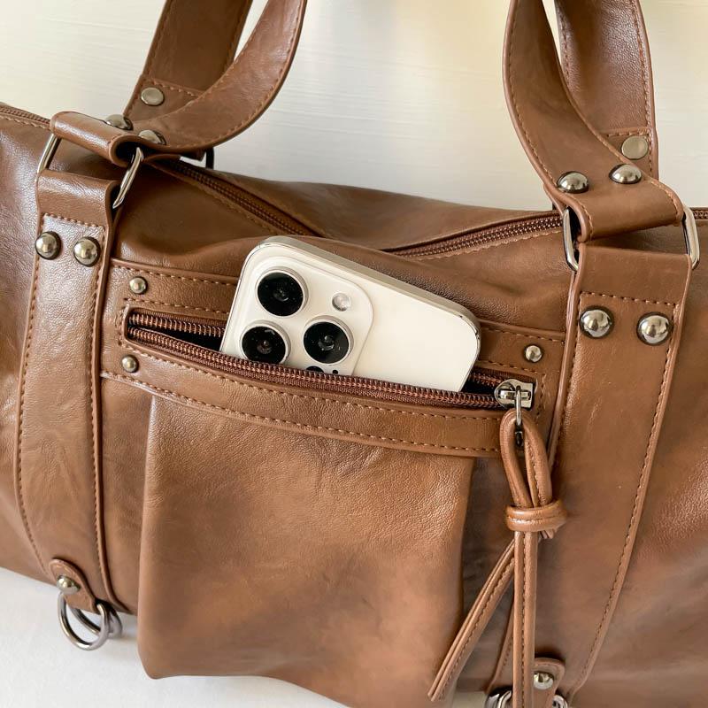 Faux Leather Duffel Bag Women's Fashion Shoulder Tote with Front Zip Pocket
