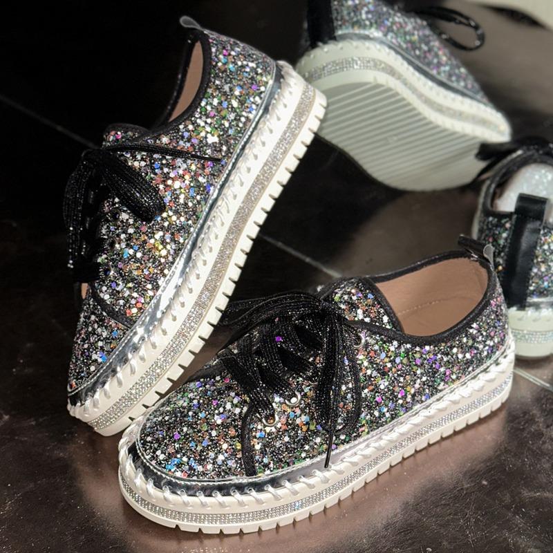 Spring and summer hand-sewn casual single shoes women's new diamond-encrusted platform fashion sequined muffin lace-up women's shoes