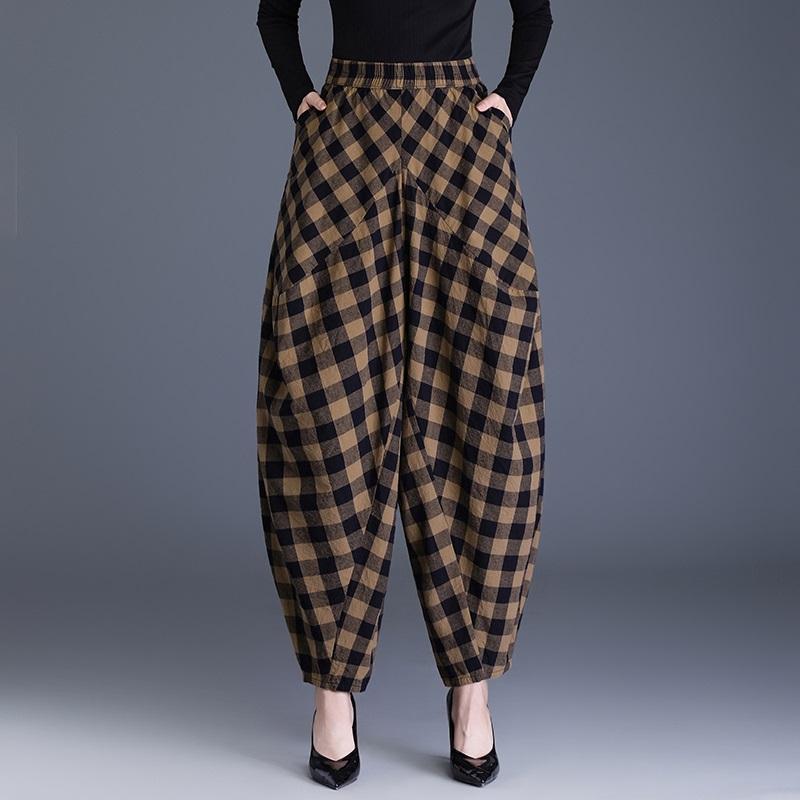 cotton plus size vintage plaid high waist casual loose spring autumn Pants Women Loose Casual Trousers